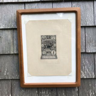 Antique Bookplate Engraving Etching Ex Libris Signed Framed