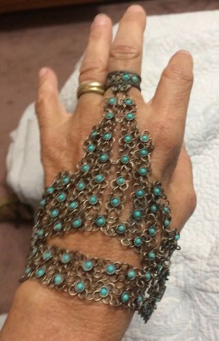 Vintage Belly Dancer Tribal Turquoise And Silver Bracelet Ring - Size 8