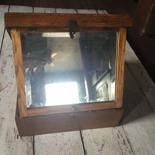 Antique Wooden Shaving Box With Mirror And Compartments Vintage Vanity