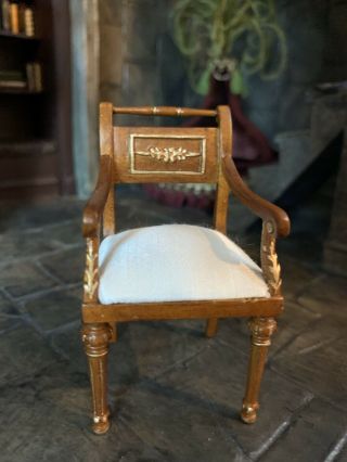 Miniature Dollhouse Artisan Vintage Hansson Wood Gilt Arm Chair Silk Seating Uk