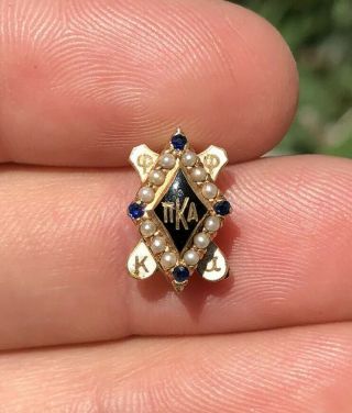 Antique 14k Gold Pi Kappa Alpha Fraternity Badge Seed Pearl Blue Sapphire Pin