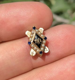 Antique 14k Gold Pi Kappa Alpha Fraternity Badge Seed Pearl Blue Sapphire Pin 2