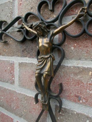 Large Antique Wrought Iron Wall Crucifix Cross Brass Jesus Christ 18.  30 "