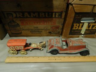 Vtg Toys {lot Of 2} Cast Iron Horse Drawn Ice Cart,  Hubley No.  485 Mg Roadster