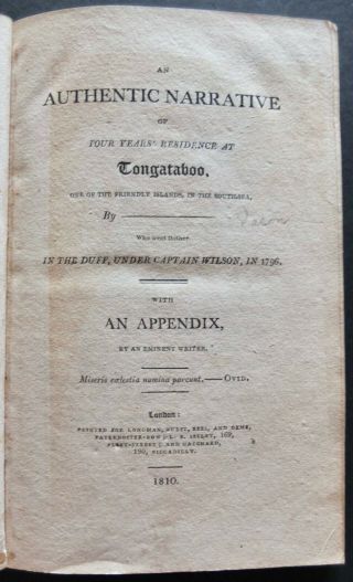 1810 An Authentic Narrative Of Four Years Residence At Tongataboo By G.  Vason