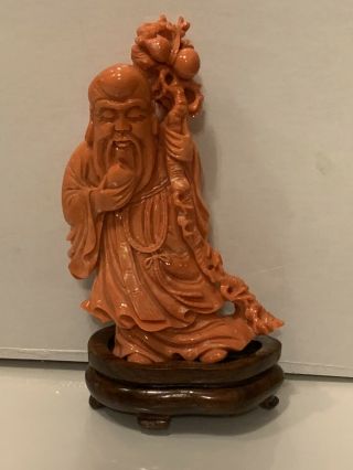 Antique Vintage Salmon Coral 4.  5” Intricately Carved Chinese Immortal W/stand