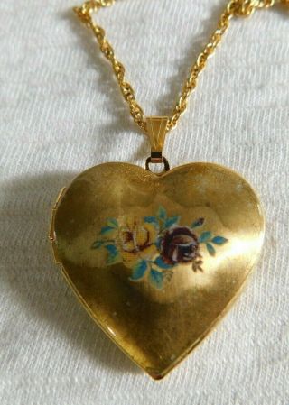 Vintage Floral Photo Heart Locket Gold Plated Pendant Necklace