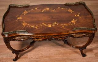 1910s Antique French Louis Xv Carved Walnut & Satinwood Inlay Coffee Table