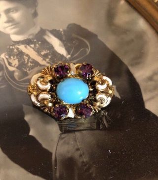 Vintage Victorian Revival Filigree W.  Germany Faux Turquoise Amethyst Brooch Pin