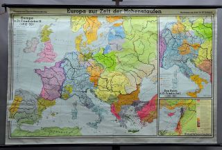 Old Historical Wall Chart,  Map,  Europe At The Time Of The Hohenstaufens