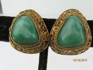Vintage Chinese Export Filigree Gold Vermeil Sterling Silver Jade Clip Earrings