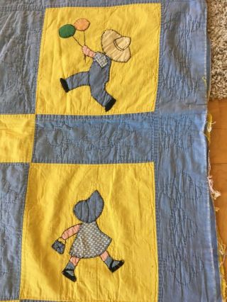 Vintage Handmade Applique Sunbonnet Sue & Overalls Sam Baby Crib Quilt Blanket 3