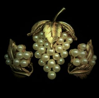Vintage Signed Trifari Faux Pearl Grapes Brooch Pin &clip Earrings Set Gold Tone