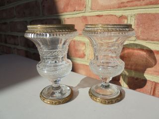 Pair Antique French Baccarat Style Cut Glass Crystal & Bronze Urns 4 7/8 "