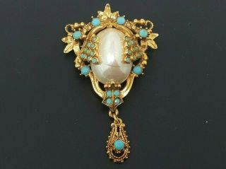 Vintage Florenza Faux Pearl Turquoise Gold Tone Costume Brooch