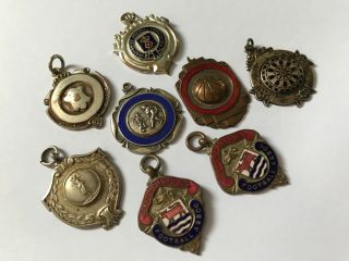 8 Vintage Silver Plated Etc Sports Medal Fobs.  Football Darts Golf
