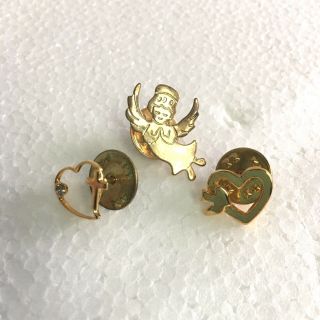 Set Of 3 Vintage Gold Pin/brooches - Healing Angel Nurse Pin - Religious Hearts