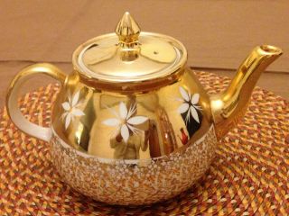 Vintage Gibson Staffordshire England Gold Floral Tea Pot Gold And Ivory