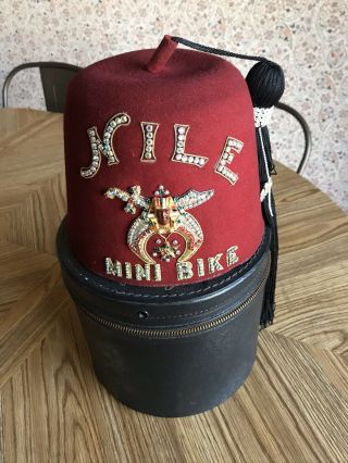 Vintage Masonic Shriners - Nile Mini Bike Fez Hat - Jeweled W/ Tassel In Case