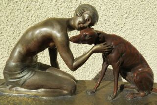 Art Deco Bronze Statue Of Girl With Greyhound By J.  Lormier 24 Inches.