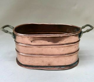 Vintage French Rectangular Copper Rustic Jardiniere With Two Brass Handles