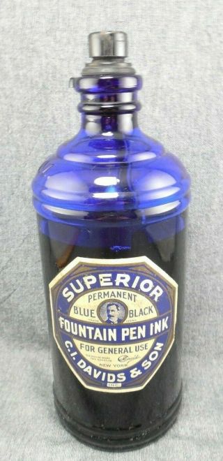 Antique Superior Master Cobalt Blue Ink Bottle C.  I.  Davis & Son With Ink