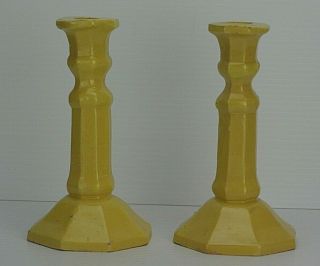 2 Antique Yellow Ware Pottery Candlesticks Candle Holder