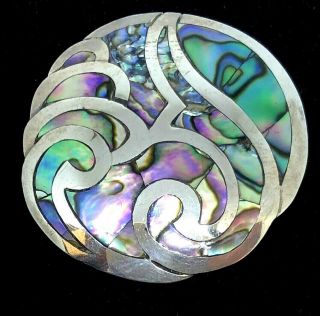 Vintage Signed Sterling 925 Taxco " Apb " Pin Brooch W/ Abalone Inlay Mexico