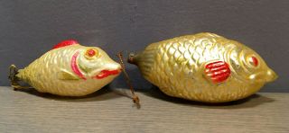 2 Antique / Vintage Large Fish Figural Glass Christmas Ornaments Blown 4 " 3 1/2 "