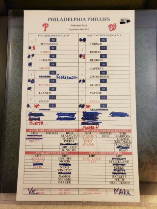 Game Lineup Card 9/26/19 Nationals Phillies Strasburg Last Win Mvp Champion