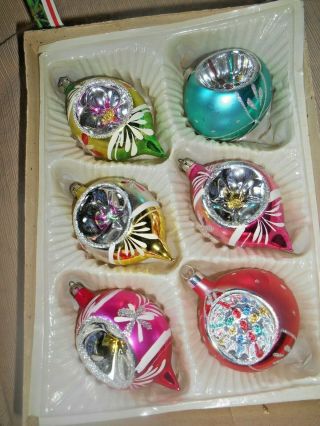Vintage Box Of 6 2 1/2 " Glass Christmas Ornaments Commodore Indents Glitter