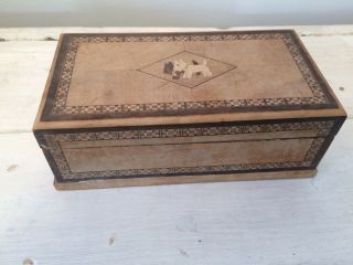 Vintage Tunbridge Ware Scotty Dogs Box.  Antique Wooden Inlaid Needlework Sewing
