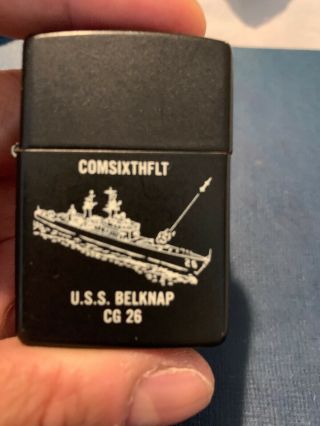 Vintage 91 Black Matte Us Navy Ship Uss Belknap Cg26 Comsixthflt Zippo Lighter