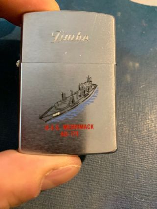 Vintage 1991 Chrome 2 Sided Us Navy Ship Uss Merrimack Ao 179 Zippo Lighter