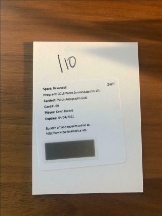 2018 - 19 Panini Immaculate Gold Patch Autograph Auto Kevin Durant /10