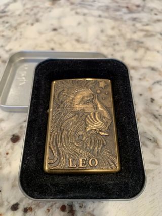 1999 Zodiac Brass Leo Embossed Zippo Lighter With Box