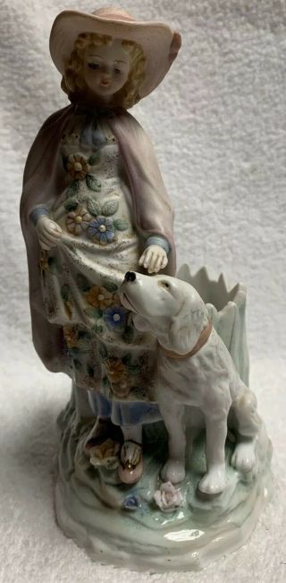 Vintage Lefton? Porcelain Lady Planter Vase Figurine Woman Girl With Dog 8” 6485