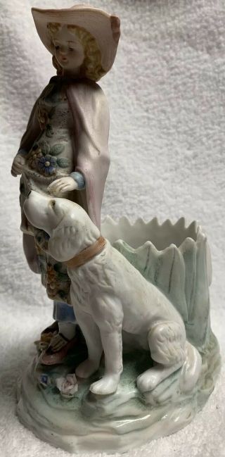 Vintage Lefton? Porcelain Lady Planter Vase Figurine Woman Girl With Dog 8” 6485 2
