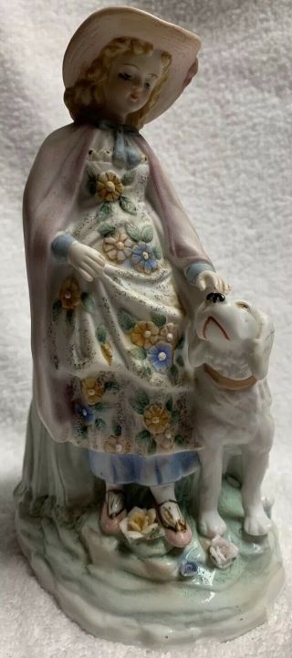 Vintage Lefton? Porcelain Lady Planter Vase Figurine Woman Girl With Dog 8” 6485 3