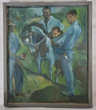 Vintage Signed (unknown Artist) Scene With Two Men,  Baby,  Horse And Farmer