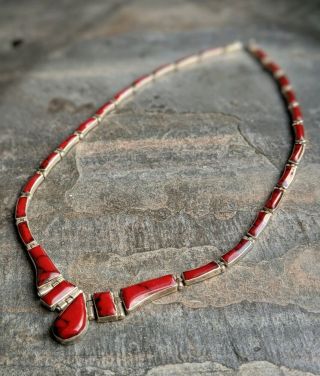 Signed Tb - 26 Antique Taxco Red Jasper Sterling Silver Hinged Link Necklace