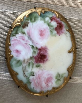 Antique Victorian Porcelain Hand Painted Roses Pin W/ Gold Edging - Inc Ship