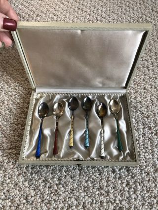Vintage Ela Denmark Sterling Silver & Enamel Demitasse Spoons Set Of 6 W/box