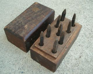 Antique Number Die Punch Stamps Tiny Rectangle Wood Box Old Vtg 1/8 " Mini Tool