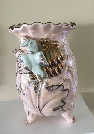 Vintage Pink Footed Vase With Blue Bird And Gold Trim,  Japan