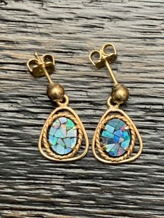 Vintage 14k Gold Blue Opal Gemstone Mosaic Cabochon Earrings 2 Grams