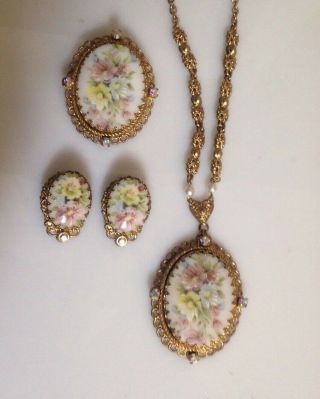 Vtg West Germany Pendant Necklace Earrings Pin Hand Painted Flowers Set Parure