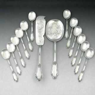 14pc Antique French Sterling Silver.  950 Ice Cream Dessert Service,  Spoons Set