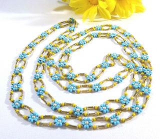Vintage Handmade Necklace Seed Beads Daisy Flowers Blue Yellow Faux Pearls 45 In