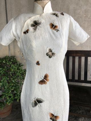 Vintage 1940s Silk Embroidered Butterflies Cheongsam Qipao Dress 1930s Antique 2